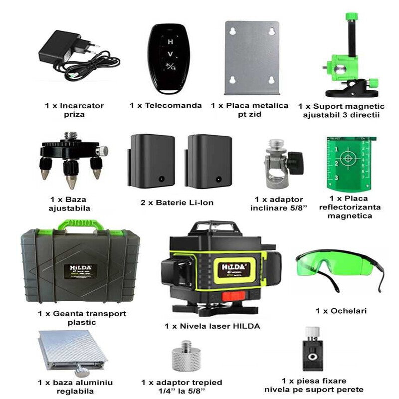Set Nivela laser profesionala HILDA 4D 16 linii, laser verde 2 baterii Set Nivela laser profesionala HILDA 4D 16 linii, laser verde 2 baterii